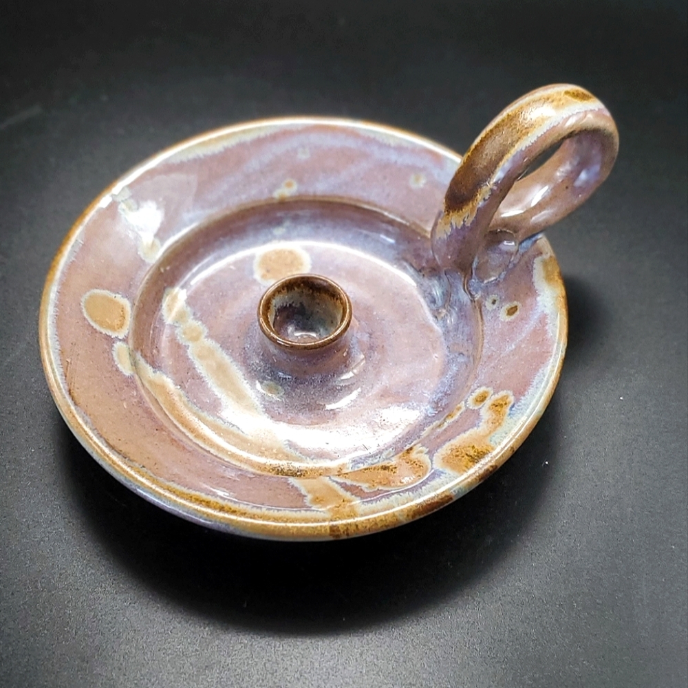 Handcrafted Ceramic Candle Holder - Purple and Brown Signed by Artist